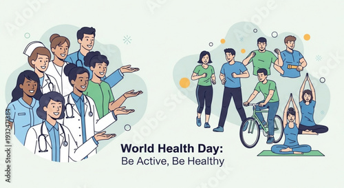 World health day illustration promoting active healthy lifestyles with diverse people exercising and healthcare professionals