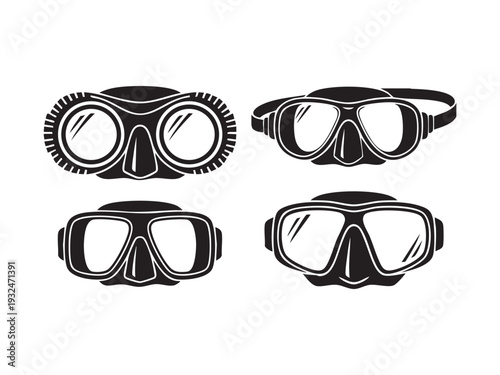 Diving mask collection including various shapes and styles for underwater sports and scuba