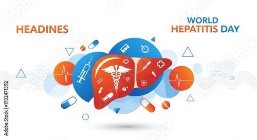 World hepatitis day awareness graphic with liver icons and medical symbols