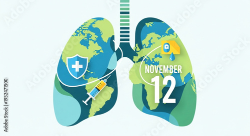 World pneumonia day illustration with lungs shaped like earth symbolizing global health awareness on november 12 with medical shield and syringe elements