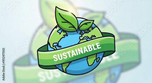 Sustainable earth globe with green leaves and ribbon eco friendly symbol for environmental conservation and eco friendly practices