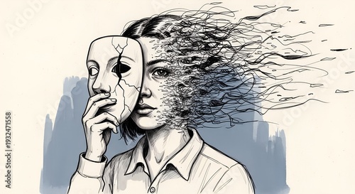 A person removing a mask, revealing vulnerability and inner turmoil