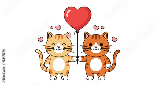 Cute Couple Cats Holding Red Heart Balloon Vector Illustration for Valentine's Day Celebration