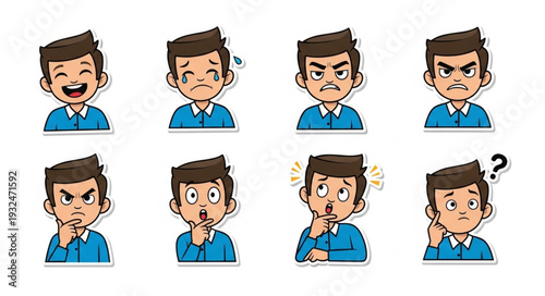 Various cartoon expressions of a young man in a blue shirt, showcasing different emotions.