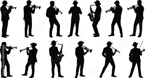 Jazz musician silhouettes collection featuring trumpet saxophone trombone and violin players performing isolated vector illustration set for live band design