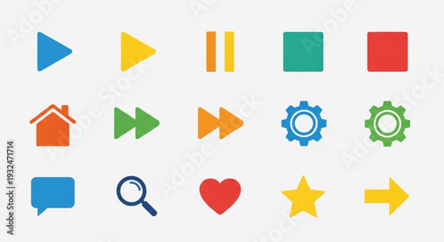 Collection of colorful multimedia and interface icons for various applications and websites.