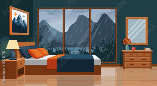 Cozy Bedroom Scene Vector Illustration with a Rainstorm Outside the Window