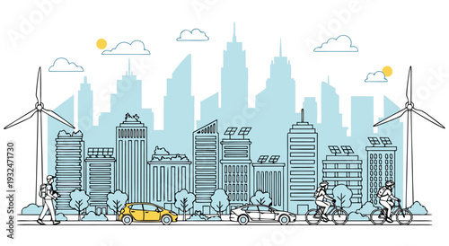 Modern city skyline illustration with renewable energy sources like wind turbines and solar panels, vector art