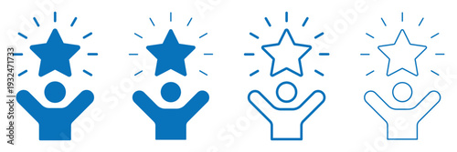 Success star celebration icon set. Blue line and solid employee award icon. Person reaching for achievement, winning glory concept, leadership motivation, professional growth stages.
