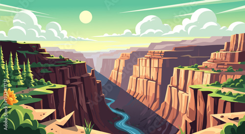 Vibrant vector illustration of a majestic Grand Canyon landscape at sunset with a winding river and lush greenery