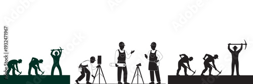 Construction worker silhouettes set showing manual labor engineering and surveying