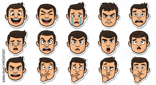 Collection of various cartoon faces expressing different emotions and feelings in a set.