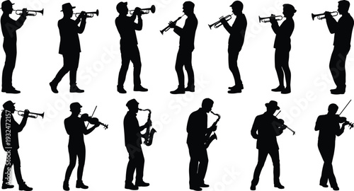 Musician silhouettes set featuring trumpet saxophone and violin players performing isolated vector illustration collection for jazz band and live music design