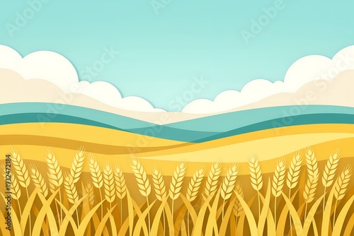 An illustration of golden wheat field under a blue sky, conveying a sense of harvest season