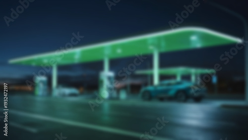 Blurred background of Hydrogen refueling station with futuristic minimalist architecture and glowing green hydrogen symbols, electric cars waiting under sleek canopy with integrated solar panels.