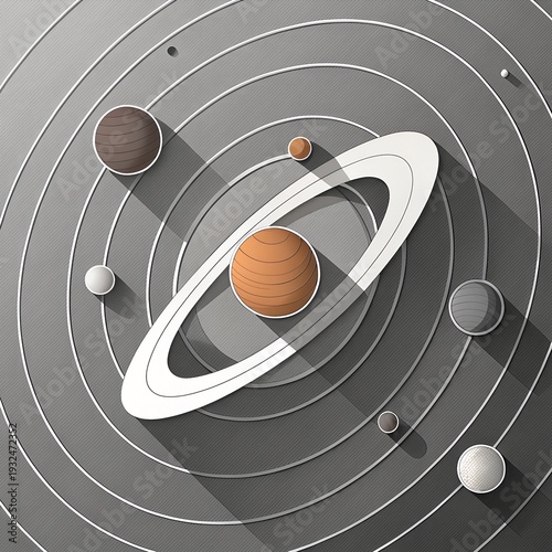 A detailed and artistic illustration of the solar system, with planets orbiting the sun