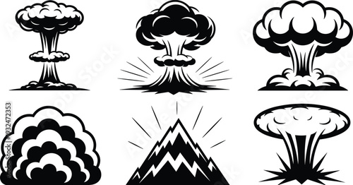 Nuclear explosion mushroom cloud silhouettes set featuring atomic bomb blast smoke and mountain eruption vector illustration isolated on white background