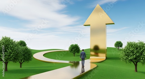 A person walks toward a golden arrow indicating direction and growth 