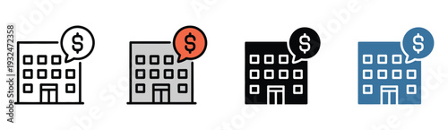 Commercial space multiple icon style vector illustration set featuring office buildings, retail spaces, business environments, real estate symbols, and line, solid