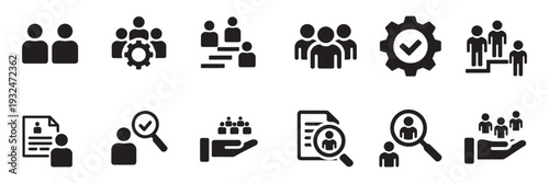 People staff management human resources icons set. teamwork and job search symbols