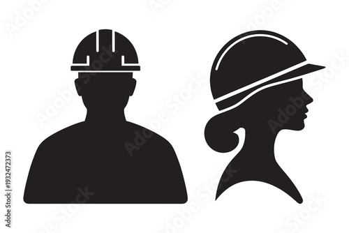 Construction workers gender equality icon showing male and female silhouettes wearing helmets and workwear