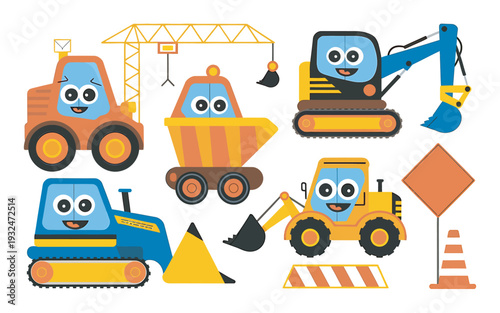 Cute cartoon construction vehicles and equipment with faces on construction site