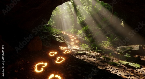 A path of footprints illuminated by sunlight leading out of a dark cave, surrounded by lush vegetation