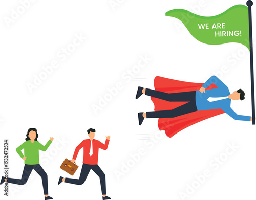 Hiring recruitment business opportunity job search career growth flying superhero employee retention corporate team running people flat design green flag talent acquisition human resources