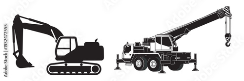 Silhouette illustration of heavy construction machinery with excavator and mobile crane