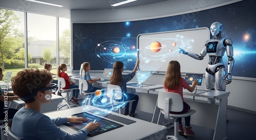 An AI robot teacher presents the solar system to students in a futuristic classroom