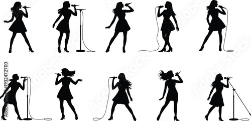 Collection of female singer silhouettes performing with microphone isolated on white background, dynamic stage poses for music, concert and entertainment concepts illustration set design