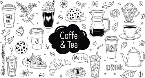 Whimsical Coffee and Tea Culture Doodle Set Featuring Hand-Drawn Cafe Drinks Pastries and Matcha Elements for Social Media and Menus