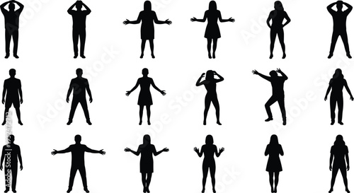 Collection of people silhouettes expressing different emotions and gestures isolated on white background, body language and human expression illustration set