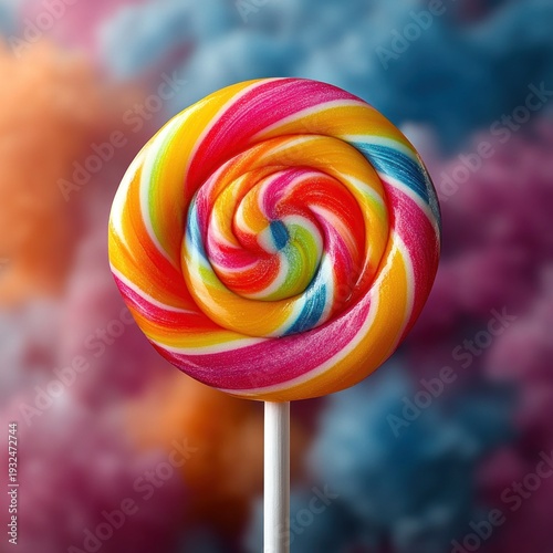 joyful rainbow swirl lollipop on a white stick with glossy finish against a blurred pastel cotton candy background, whimsical and nostalgic