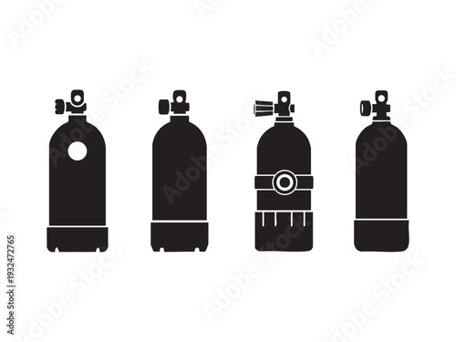 Set of four black silhouettes of diving oxygen cylinders with valves