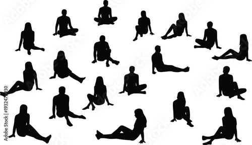 Collection of people silhouettes sitting on floor in various relaxed poses isolated on white background, casual lifestyle and leisure illustration set