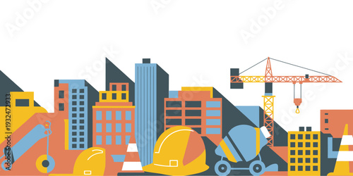 Construction site cityscape with cranes, cement mixer, hard hats and buildings