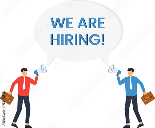 Businessmen announcing hiring recruitment job opportunity human resources staff searching employment vacancy corporate message flat graphic two executives
