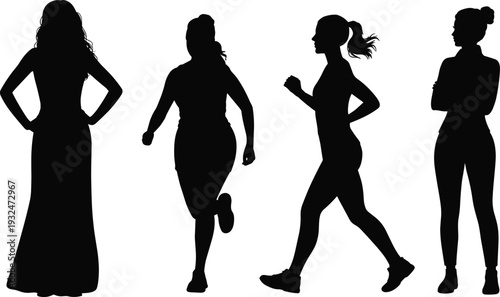 Female silhouettes in elegant dress and sporty running poses isolated on white background, lifestyle fashion and fitness concept illustration set