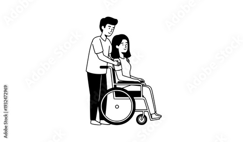 Disability inclusion awareness man and woman wheelchair vector sketch