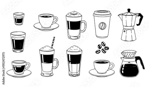 Hand drawn coffee drinks and brewing equipment sketch vector