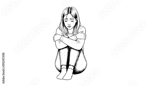 Crying woman domestic violence awareness black and white sketch vector