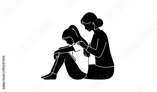 Mother comforting sad teenage daughter silhouette vector