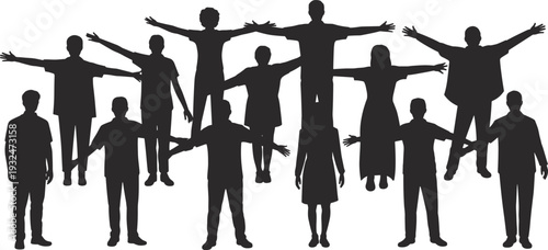 Group of children silhouettes standing with open arms in different poses isolated on white background, unity friendship and teamwork concept illustration