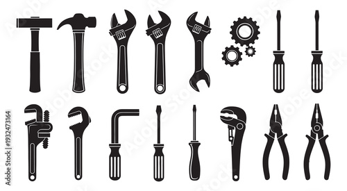 Set of black and white industrial tools silhouettes for construction and repair work