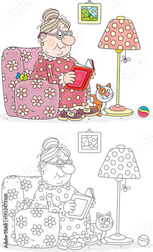Cute granny reading an interesting book with her funny cat in a cozy soft armchair by a floor lamp, vector cartoon illustration on a white background