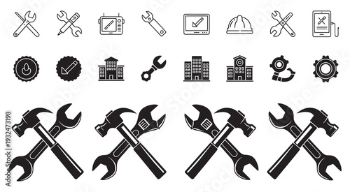 Set of construction related icons including tools, buildings, and safety gear