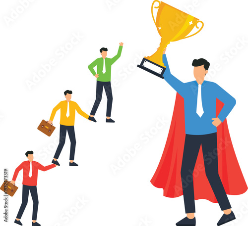 business success, golden trophy, corporate winner, triumphant businessman, achievement concept, leadership hero, professional competition, flat design, career goals, 