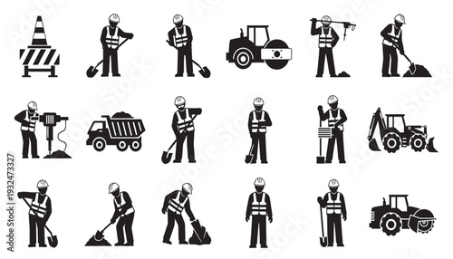Construction workers operating machinery and tools on site vector icons
