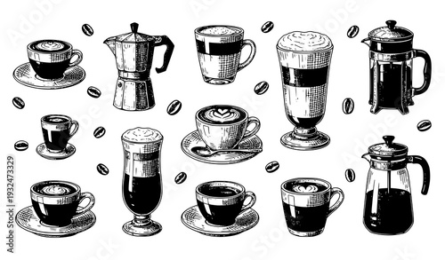 Vintage engraved coffee drinks and beans vector menu set